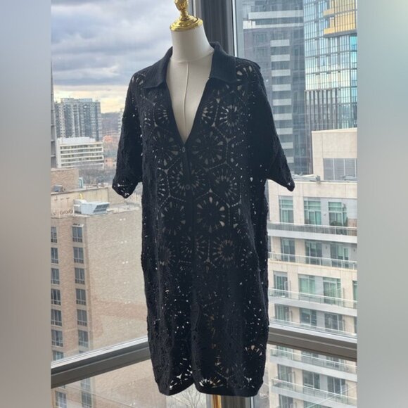 🆕 FARM Rio 🧿 NWOT Black Semisheer Floral Button-Up Crochet Cover-Up Dress, XL - Picture 9 of 13